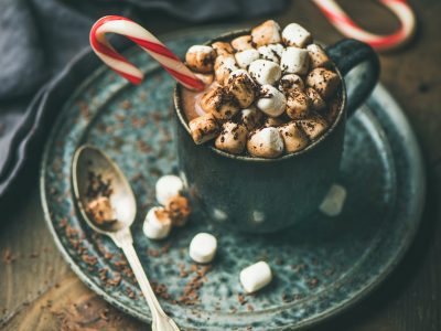 Christmas hot chocolate with marshmallows and cocoa, square crop
